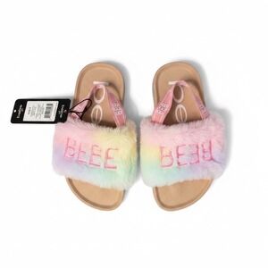 Bebe Girls Rainbow Faux Fur Slide Sandals Logo Elastic Backstrap NWT Size 8